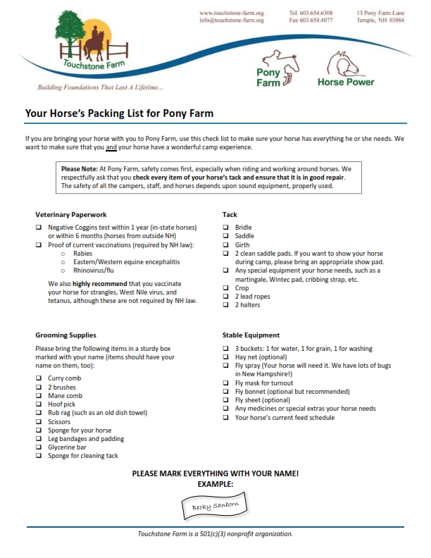 parent and camper check list touchstone farm