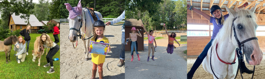 4 images of simling kids with ponies